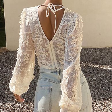 Womens Lace Long Sleeve Crop Top Floral Embroidered V Neck Backless Blouse