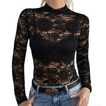 Women’s Sheer Floral Lace Long Sleeve Top, Mock Neck Form Fitting Blouse for Layering