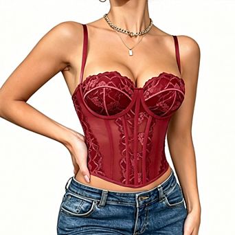 Women’s Lace Mesh Corset Top, Bustier Crop Top with Spaghetti Straps for Night Out