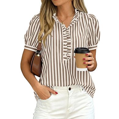 Womens Striped Puff Short Sleeve Blouse Ruffle V Neck Casual Button Down Shirt