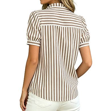 Womens Striped Puff Short Sleeve Blouse Ruffle V Neck Casual Button Down Shirt