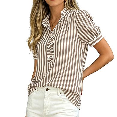 Womens Striped Puff Short Sleeve Blouse Ruffle V Neck Casual Button Down Shirt