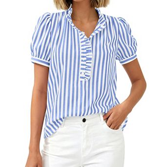 Womens Striped Puff Short Sleeve Blouse Ruffle V Neck Casual Button Down Shirt