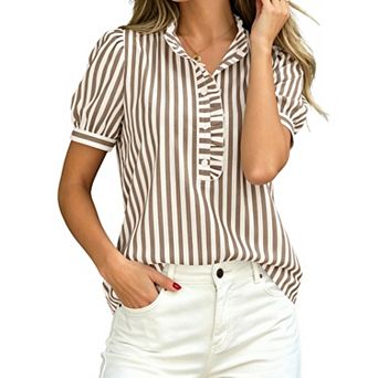 Womens Striped Puff Short Sleeve Blouse Ruffle V Neck Casual Button Down Shirt