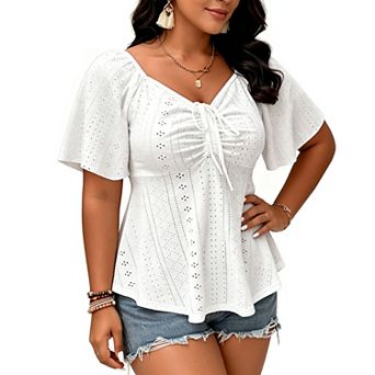 Women’s Plus Size Eyelet Peplum Blouse, Square Neck Short Puff Sleeve Ruched Tie Front Top