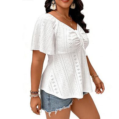 Women’s Plus Size Eyelet Peplum Blouse, Square Neck Short Puff Sleeve Ruched Tie Front Top