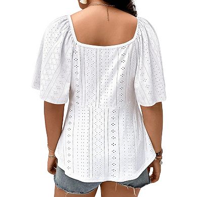 Women’s Plus Size Eyelet Peplum Blouse, Square Neck Short Puff Sleeve Ruched Tie Front Top