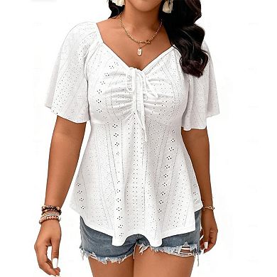 Women’s Plus Size Eyelet Peplum Blouse, Square Neck Short Puff Sleeve Ruched Tie Front Top
