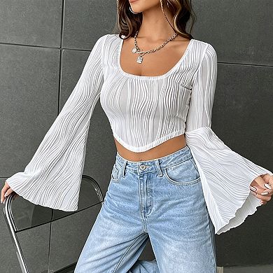 Womens Long Sleeve Crop Top Textured Wave Square Neck Slim Fit Casual Blouse