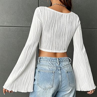 Womens Long Sleeve Crop Top Textured Wave Square Neck Slim Fit Casual Blouse