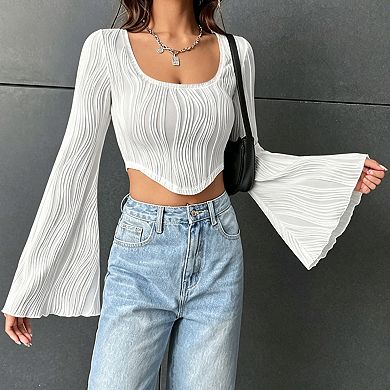 Womens Long Sleeve Crop Top Textured Wave Square Neck Slim Fit Casual Blouse