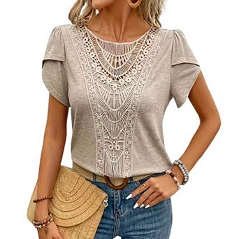 Womens Crochet Lace Short Sleeve T-Shirt Casual Round Neck Boho Blouse Top