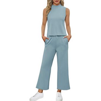 Women's 2 pc Mock Neck Sleeveless Top Wide Leg Straight Pants Pockets Set Summer Casual Loose Set