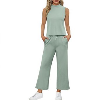 Women's 2 pc Mock Neck Sleeveless Top Wide Leg Straight Pants Pockets Set Summer Casual Loose Set