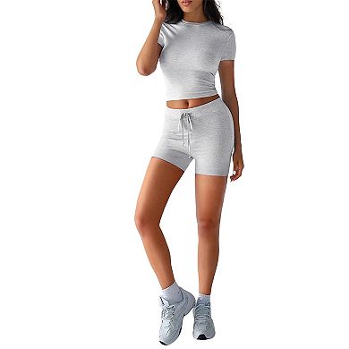 Women's 2 Piece Drawstring Biker Shorts Short Sleeve Crop Top Set Sporty Summer Casual Slim Fit Set