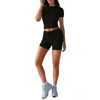 Women's 2 pc Drawstring Biker Shorts Short Sleeve Crop Top Set Sporty Summer Casual Slim Fit Set