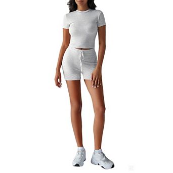 Women's 2 pc Drawstring Biker Shorts Short Sleeve Crop Top Set Sporty Summer Casual Slim Fit Set