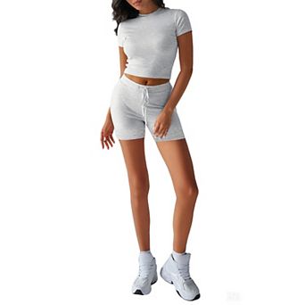 Women's 2 pc Short Sleeve Crop Top Drawstring Biker Shorts Set Slim Fit Sporty Summer Casual Set