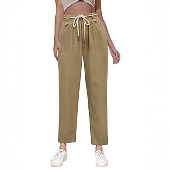 Womens Summer Drawstring High Waisted Tapered Harem Cargo Pants Cigarette Style Casual Long Trousers