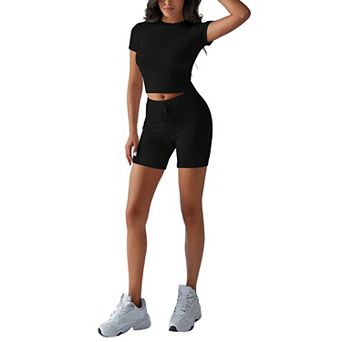 Women's 2 pc Short Sleeve Crop Top Drawstring Biker Shorts Set Slim Fit Sporty Summer Casual Set