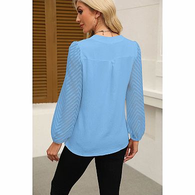 Women's Split Neck Chevron Sheer Sleeve Casual Blouse