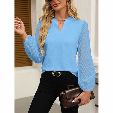 Women's Split Neck Chevron Sheer Sleeve Casual Blouse