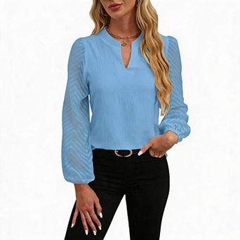 Women's Split Neck Chevron Sheer Sleeve Casual Blouse