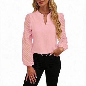Women's Split Neck Chevron Sheer Sleeve Casual Blouse