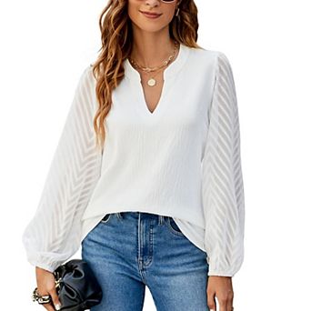 Women's Split Neck Chevron Sheer Sleeve Casual Blouse
