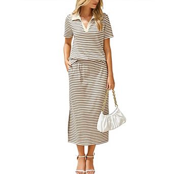 Women's Summer Striped Short Sleeve Polo Neck Top Split Midi Skirt With Pockets Casual 2 pc Set