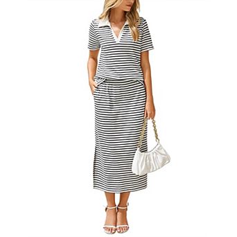 Women's Summer Striped Short Sleeve Polo Neck Top Split Midi Skirt With Pockets Casual 2 pc Set