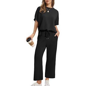 Women's Summer 2 pc Crew Neck Short Sleeve Top Straight Wide Leg Pockets Pants Loose Casual Set