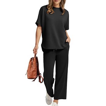Women's 2 pc Short Sleeve Crew Neck Loose Top Wide Leg Straight Pants Pockets Summer Casual Set