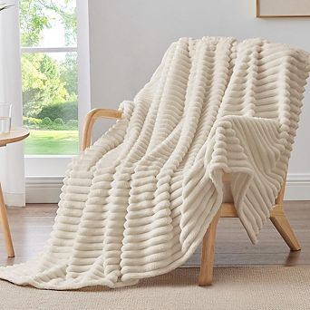 Striped Fleece Throw Blanket Soft Warm Fluffy Beige 300GSM