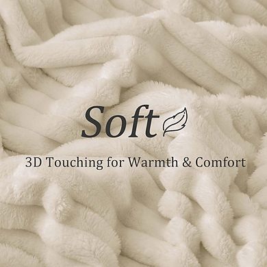 Striped Fleece Throw Blanket Soft Warm Fluffy Beige 300GSM