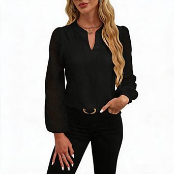 Women's Split Neck Chevron Sheer Sleeve Casual Blouse