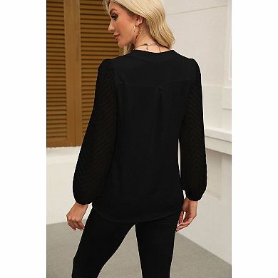 Women's Split Neck Chevron Sheer Sleeve Casual Blouse