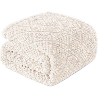 Fuzzy Fleece Throw Blanket Soft Fluffy Jacquard Lightweight Warm Ivory