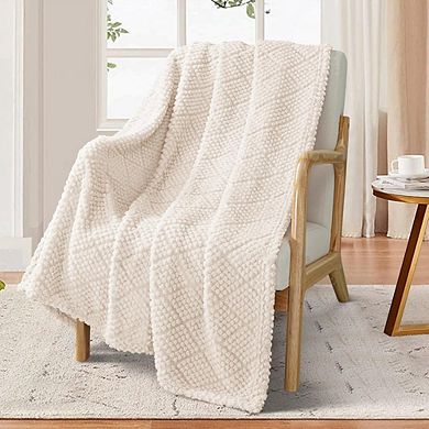 Fuzzy Fleece Throw Blanket Soft Fluffy Jacquard Lightweight Warm Ivory