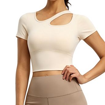 Womens Cutout Workout Crop Top Short Sleeve Yoga Shirt with Built in Bra