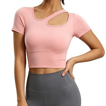 Womens Cutout Workout Crop Top Short Sleeve Yoga Shirt with Built in Bra