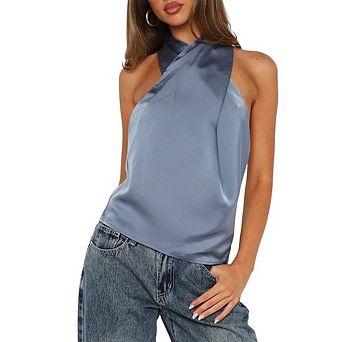 Women Satin Halter Neck Blouse Cross-Front Sleeveless Backless Top