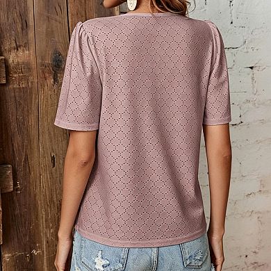 Womens V Neck Eyelet Lace Blouse Puff Short Sleeve Casual Summer Top