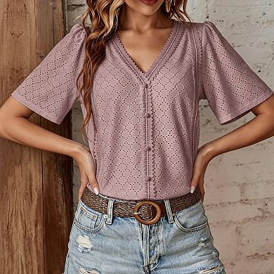 Womens V Neck Eyelet Lace Blouse Puff Short Sleeve Casual Summer Top