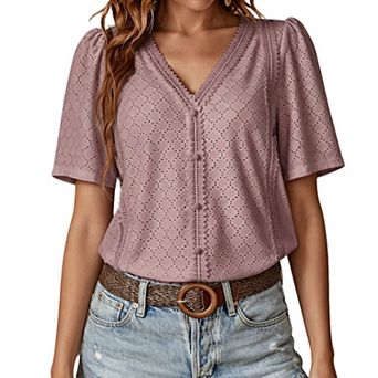 Womens V Neck Eyelet Lace Blouse Puff Short Sleeve Casual Summer Top