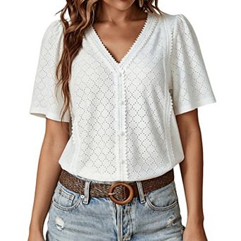 Womens V Neck Eyelet Lace Blouse Puff Short Sleeve Casual Summer Top