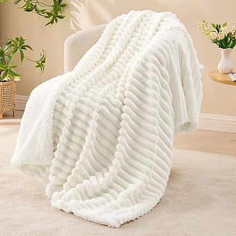 Sherpa Throw Blanket Soft Warm Striped Plush Cream