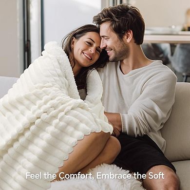 Sherpa Throw Blanket Soft Warm Striped Plush Cream