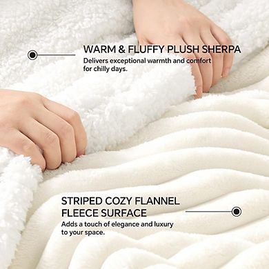 Sherpa Throw Blanket Soft Warm Striped Plush Cream