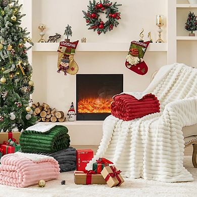 Sherpa Throw Blanket Soft Warm Striped Plush Cream